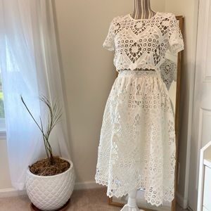 White Lace two-piece. Crop top, high waisted skirt